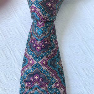 Robert Talbott Nordstrom Paisley floral teal blue tan purple silk hand sewn tie